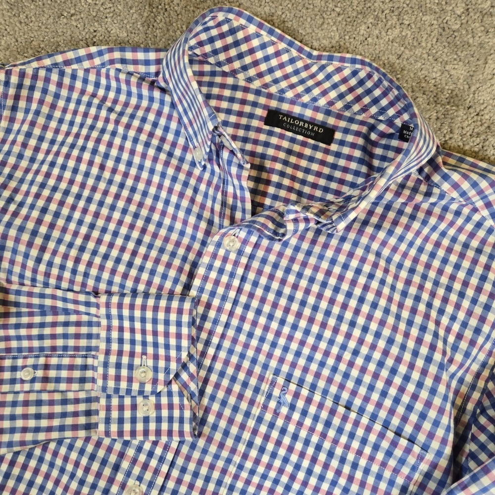 TAILORBYRD Shirt Mens‎ Medium Blue White Plaid Button Down Collared